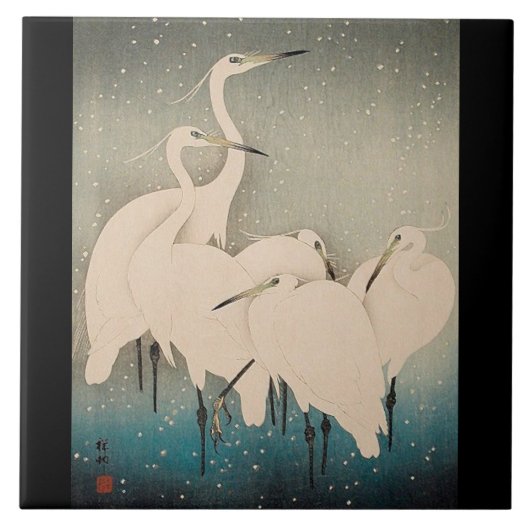 Japan Egrets in der Schneewild-Vogelarten-Keramik Fliese (Vorderseite)