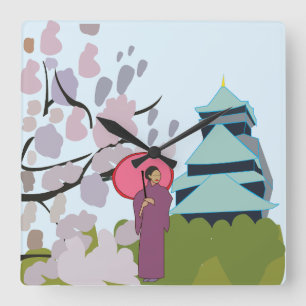 Japan Kirschblüten Geisha Kimono Quadratische Wanduhr
