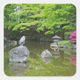Japan, Kyoto. Reiher in frischen grünen Blättern Quadratischer Aufkleber