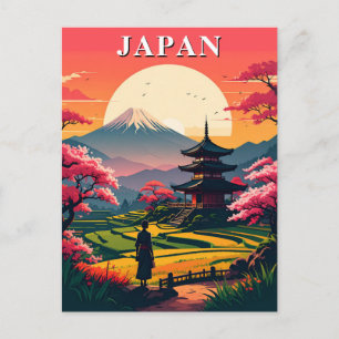 Japan Mount Fuji, Pagode Kirschblüten Vintage Postkarte
