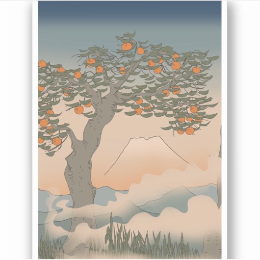 Japan Orange Baum im Nebel Aufkleber (Vorderseite)