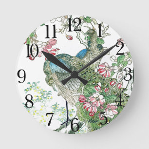 Japan Pfauenvögel Crabappel Blütenmauer Runde Wanduhr