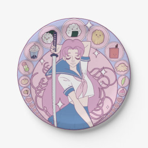 Japan Pink Anime Schoolgirl Art Nouveau Pappteller