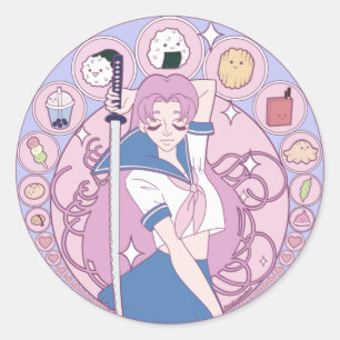 Japan Pink Anime Schoolgirl Art Nouveau Runder Aufkleber