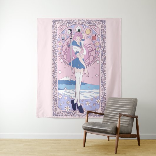 Japan Pink Anime Schoolgirl Art Nouveau Wandteppich (Beispiel)