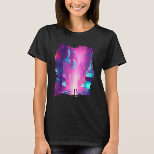 Japan Pink Blue Lights Vaporwave City T-Shirt (Vorderseite)