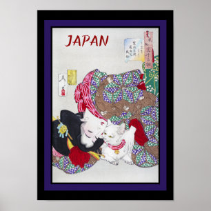 Japan-Reise-Vintage feine Kunstkatze und Kimono Poster