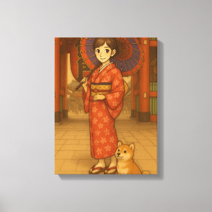 Japan Spaziergang - Kimono Girl and Shiba Hund Kun Leinwanddruck