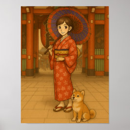 Japan Spaziergang - Kimono Girl and Shiba Hund Kun Poster