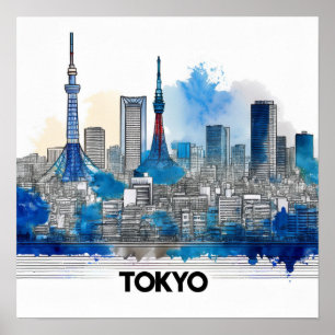 Japan Tokyo Skyline - Wasserfarben Tokyo Skyline Poster
