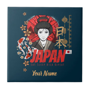 Japan Vintage Geisha mit Flagge Koi und Lotus Souv Fliese