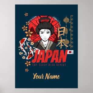 Japan Vintage Geisha mit Flagge Koi und Lotus Souv Poster