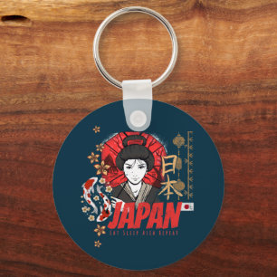 Japan Vintage Geisha mit Flagge Koi und Lotus Souv Schlüsselanhänger