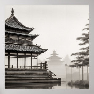 JAPANDI ART VINTAGE DORFSCHIFFE SCHWARZ-WEISS POSTER