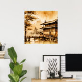 JAPANDI ART VINTAGE DORFSKENERIE WARM BROWN POSTER (Heimbüro)