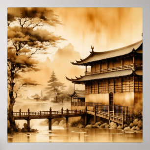 JAPANDI ART VINTAGE DORFSZENE WARMES BRAUN  POSTER
