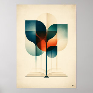 Japandi-Geometrisches-Lesewald-Buchliebhaber-Kunst Poster