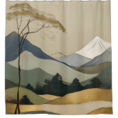 Japandi Gold & Green Mountain Landschaft Duschvorhang (Vorderseite)