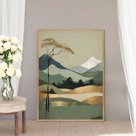 Japandi Gold & Green Mountain Landschaft Poster