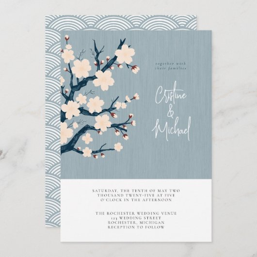 Japandi Kirschbaumhochzeit Einladung (Vorne/Hinten)