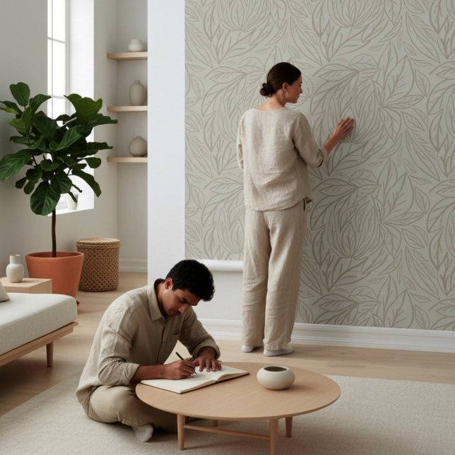 Japandi Line art verlasst minimales Beige Tapete (Minimalist japandi modern wallpaper leaves in clean aesthetic room.)