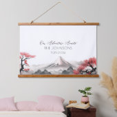 Japandi Mountain Watercolor Wedding Gästebuch Wandteppich Mit Holzrahmen (Schlafzimmer)