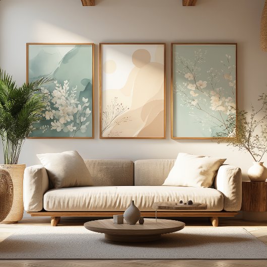 Japandi Sage Green Floral Art | Zen Wall Print Set