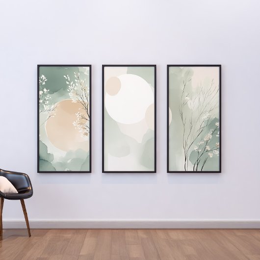 Japandi Sage Green Floral Wall Art Set | Drucken