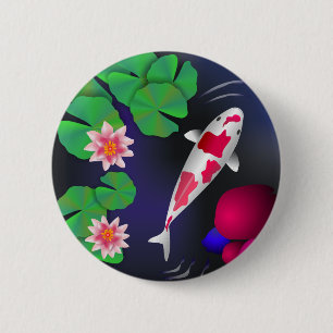 Japaner Koi Fische, Lotos-Blumen u. Wasser-Lilien Button