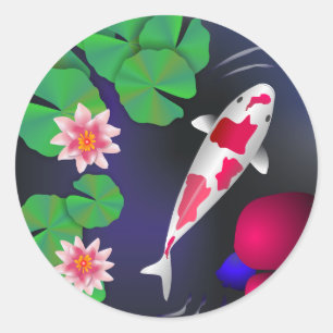 Japaner Koi Fische, Lotos-Blumen u. Wasser-Lilien Runder Aufkleber