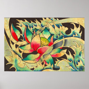 Japaner Lotus im Wasser-Aquarell Poster