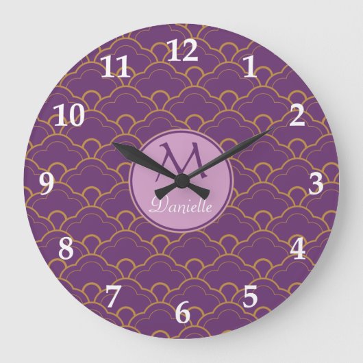 Japaner Seigaiha Kamm-Muschel-lila Goldrosa Orient Große Wanduhr (Vorderseite)