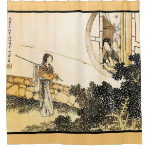 Japanerin an einem Fenster Vintage Sepiekunst Duschvorhang
