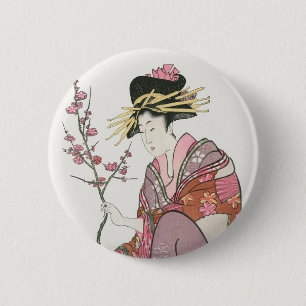 Japanerin, Vintage Malerei, Holzschnitt Button