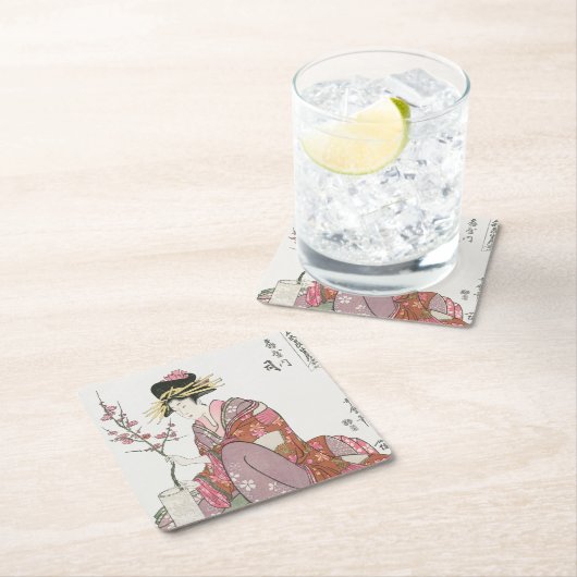 Japanerin, Vintage Malerei, Holzschnitt Rechteckiger Pappuntersetzer (Vor Ort)