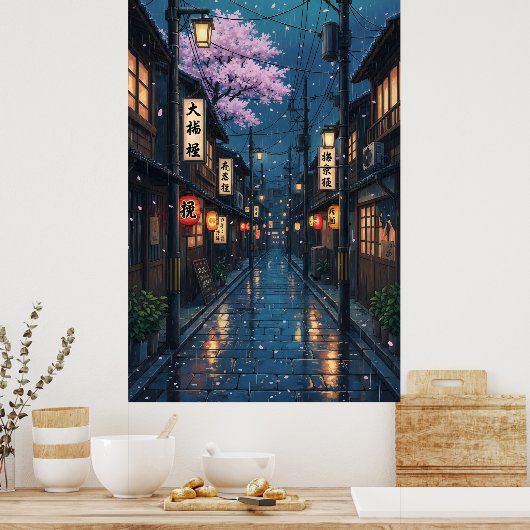 Japanese Alley Rain Night Cozy Anime Blossom urban Poster (Küche)