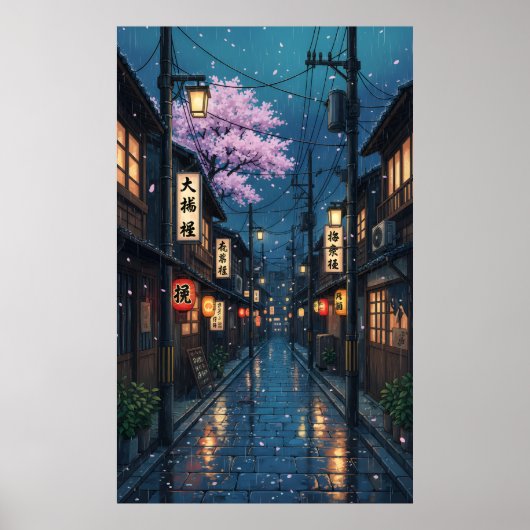 Japanese Alley Rain Night Cozy Anime Blossom urban Poster (Vorne)