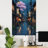 Japanese Alley Rain Night Cozy Anime Blossom urban Poster (Heimbüro)