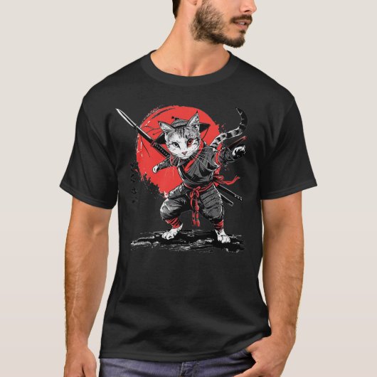 Japanese Art Cat Ninja Ukiyo-e Anime Style Samurai T-Shirt (Vorderseite)