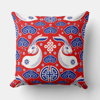 Japanese Art Rabbit Red, Blue Throw Pillows Kissen
