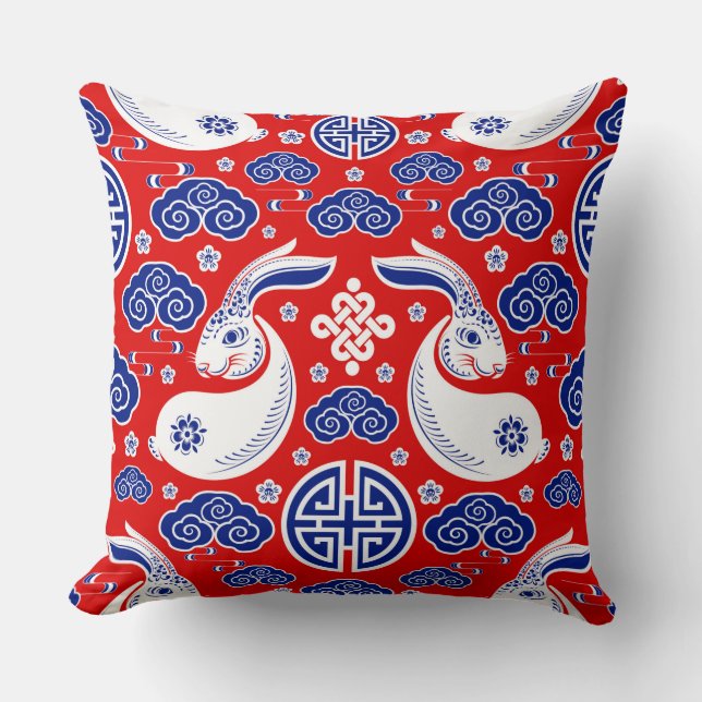 Japanese Art Rabbit Red, Blue Throw Pillows Kissen (Vorderseite)