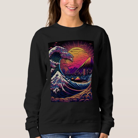 Japanese Art Ukiyo-e Style Retrowave Great Wave Of Sweatshirt (Vorderseite)