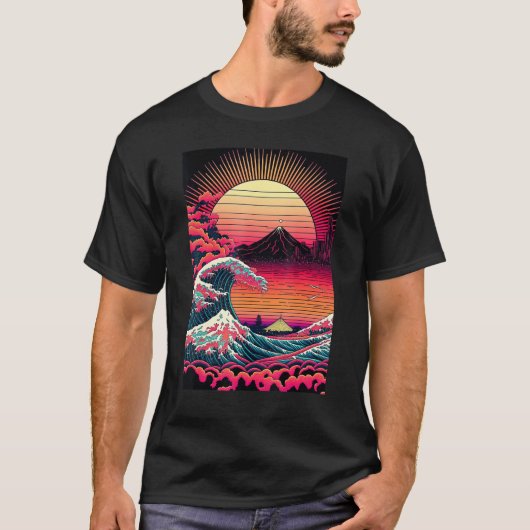 Japanese Art Ukiyo-e Style Retrowave Great Wave Of T-Shirt (Vorderseite)