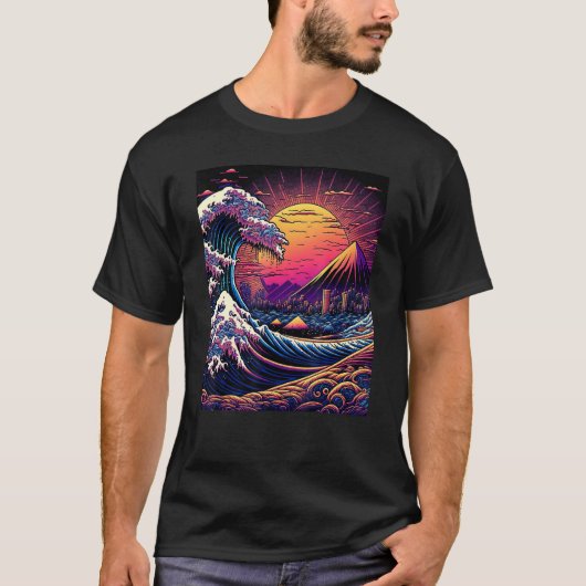 Japanese Art Ukiyo-e Style Retrowave Great Wave Of T-Shirt (Vorderseite)