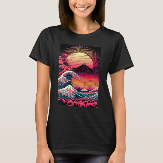 Japanese Art Ukiyo-e Style Retrowave Great Wave Of T-Shirt (Vorderseite)