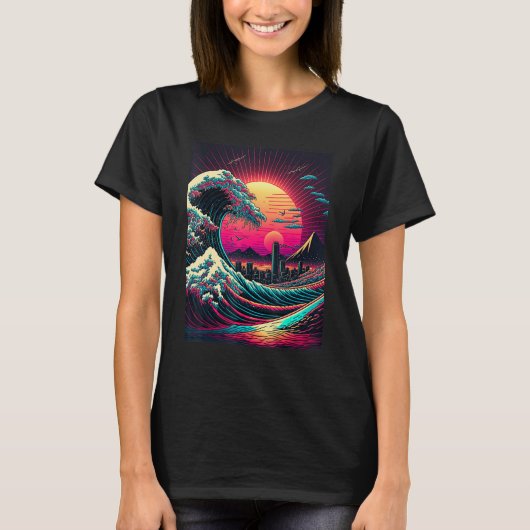 Japanese Art Ukiyo-e Style Retrowave Great Wave Of T-Shirt (Vorderseite)