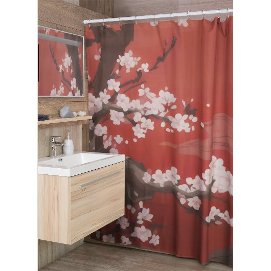 Japanese Artstyle White Cherry Blossom Red  Duschvorhang