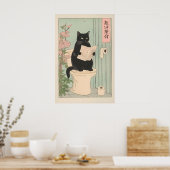 Japanese Black Cat on Toilet Print Funny Bathroom Poster (Küche)