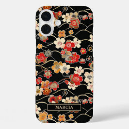 Japanese Black Floral Pattern Monogrammed iPhone 16 Plus Hülle