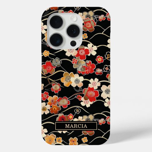Japanese Black Floral Pattern Monogrammed Case-Mate iPhone Hülle (Rückseite)